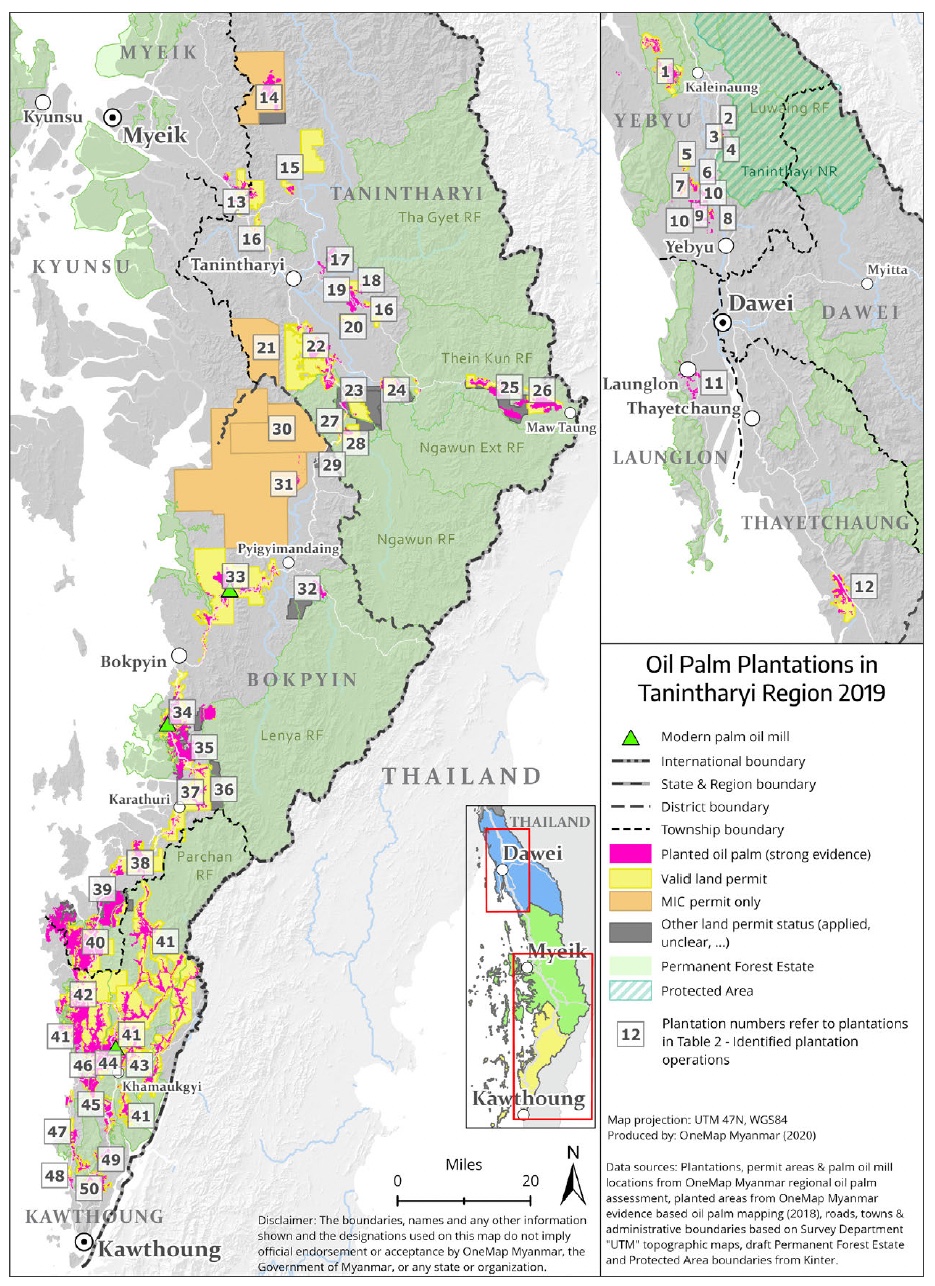 Carte OneMap des plantations de palmier à huile dans la région de Tanintharyi, 2019