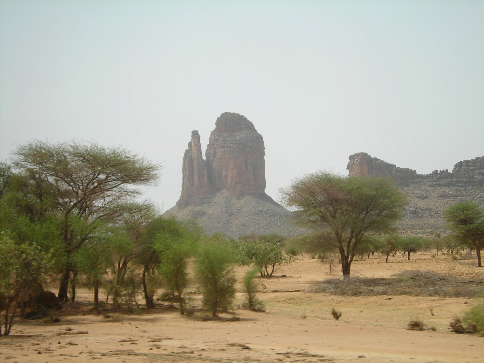 Butte rocheuse et acacias dans le Sahel